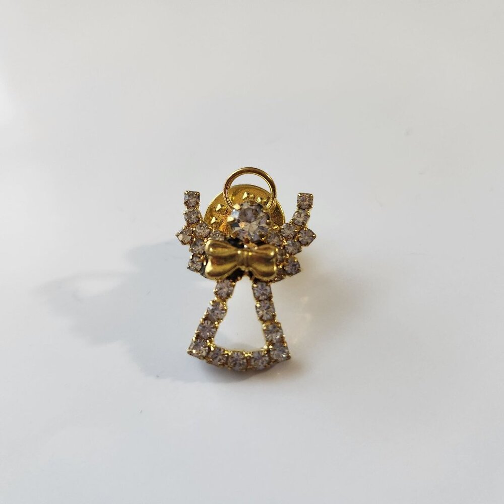 Vintage Angel Brooch Pin Rhinestones Gold-Tone Finish Halo and Bowtie